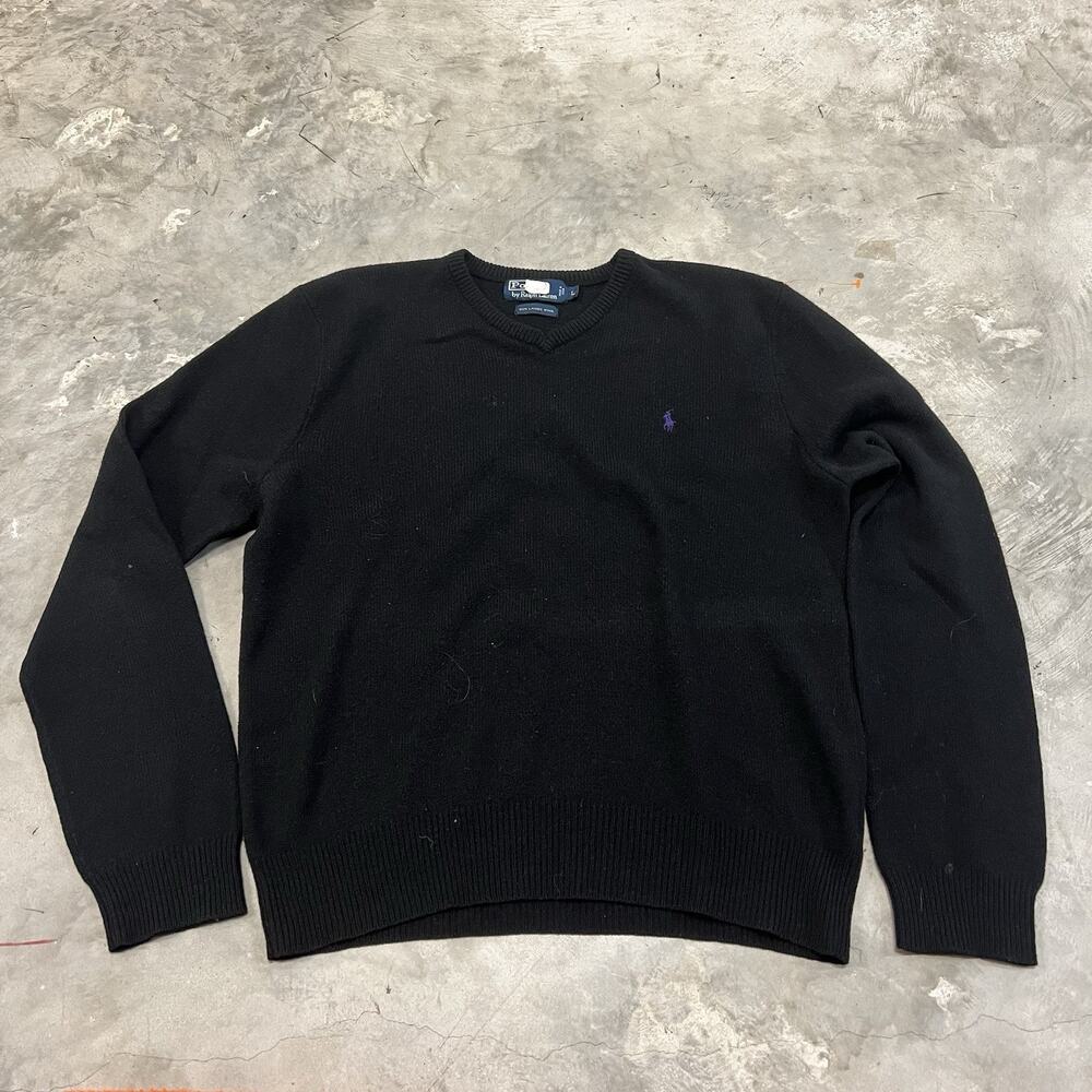 Polo Ralph Lauren Men's Lambs Wool Sweater Large Black Pullover Purple Pony Knit